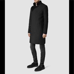 All Saints Black Banner Mens Overcoat Jacket EUC XL